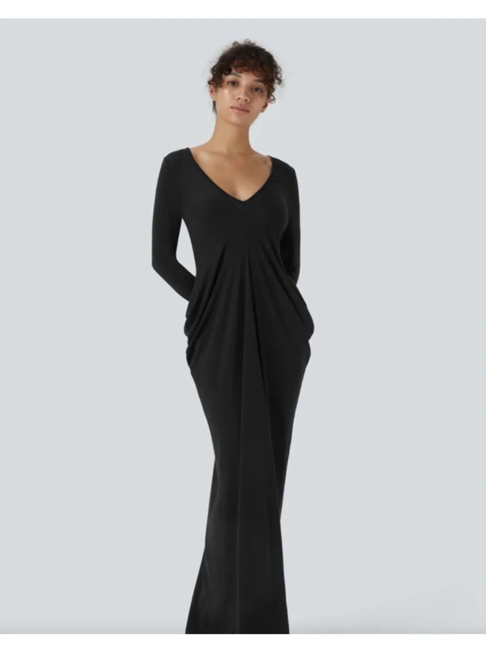 Halara Black Deep V-Neck Long Sleeve Stacked Ruched Maxi Dress Medium